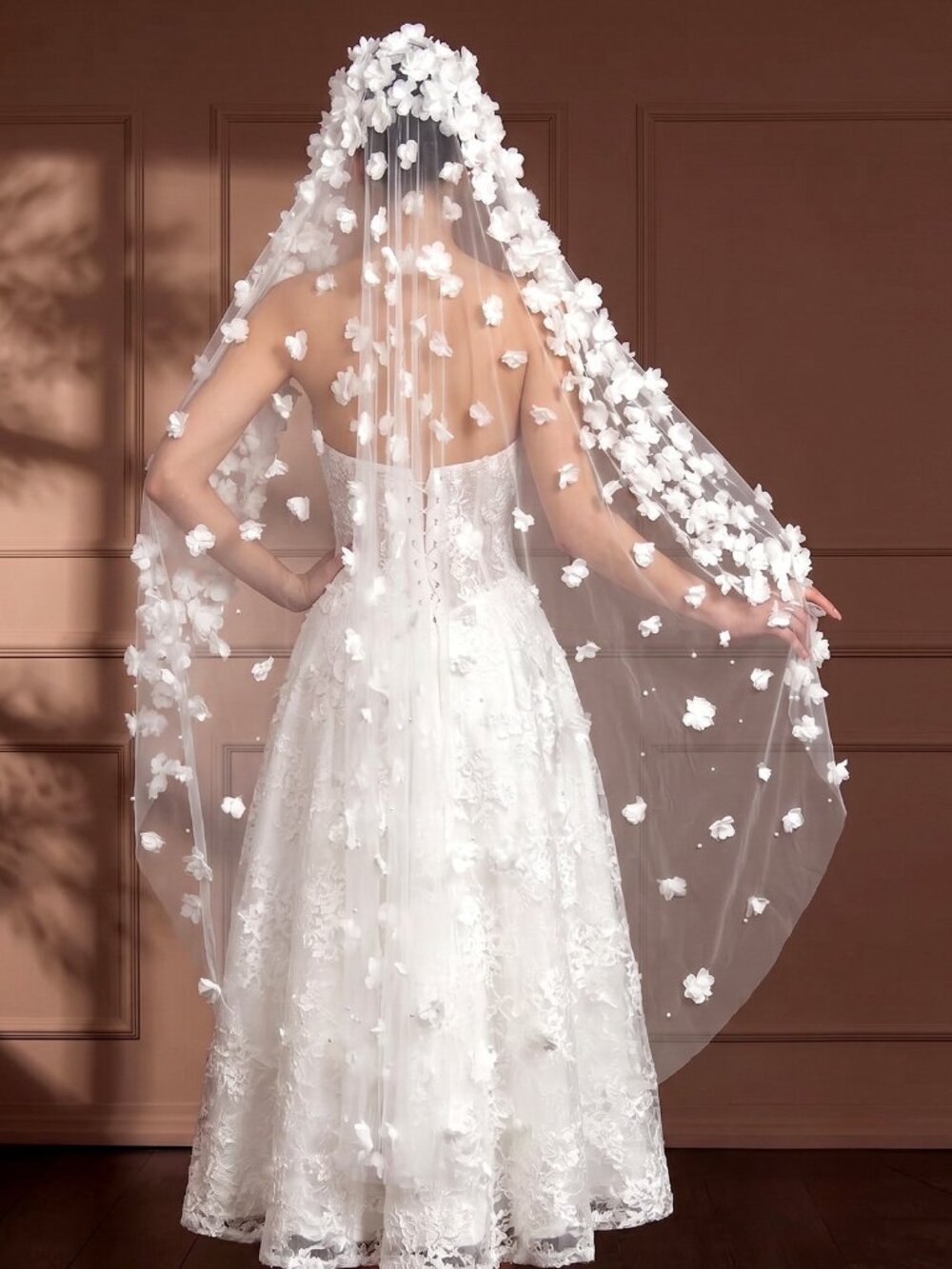 Cascading 3D Floral Embellished Chapel/Floor Veil